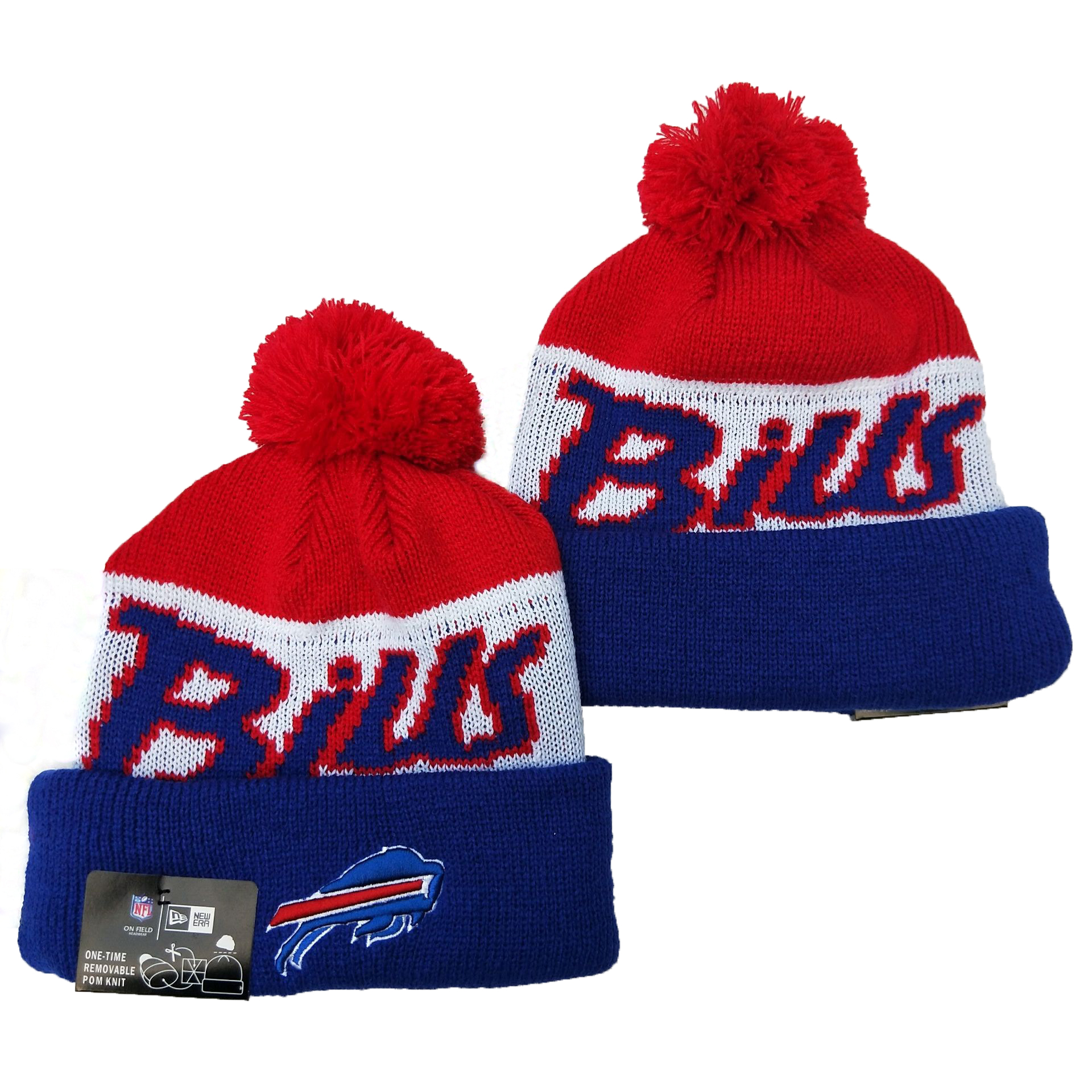 Bills Team Logo Red White Royal Pom Knit Hat YD - Click Image to Close