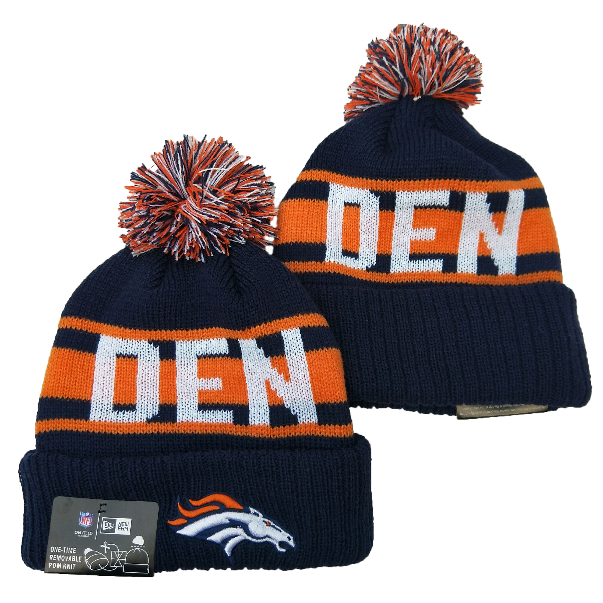 Broncos Team Logo Navy Yellow Pom Knit Hat YD - Click Image to Close