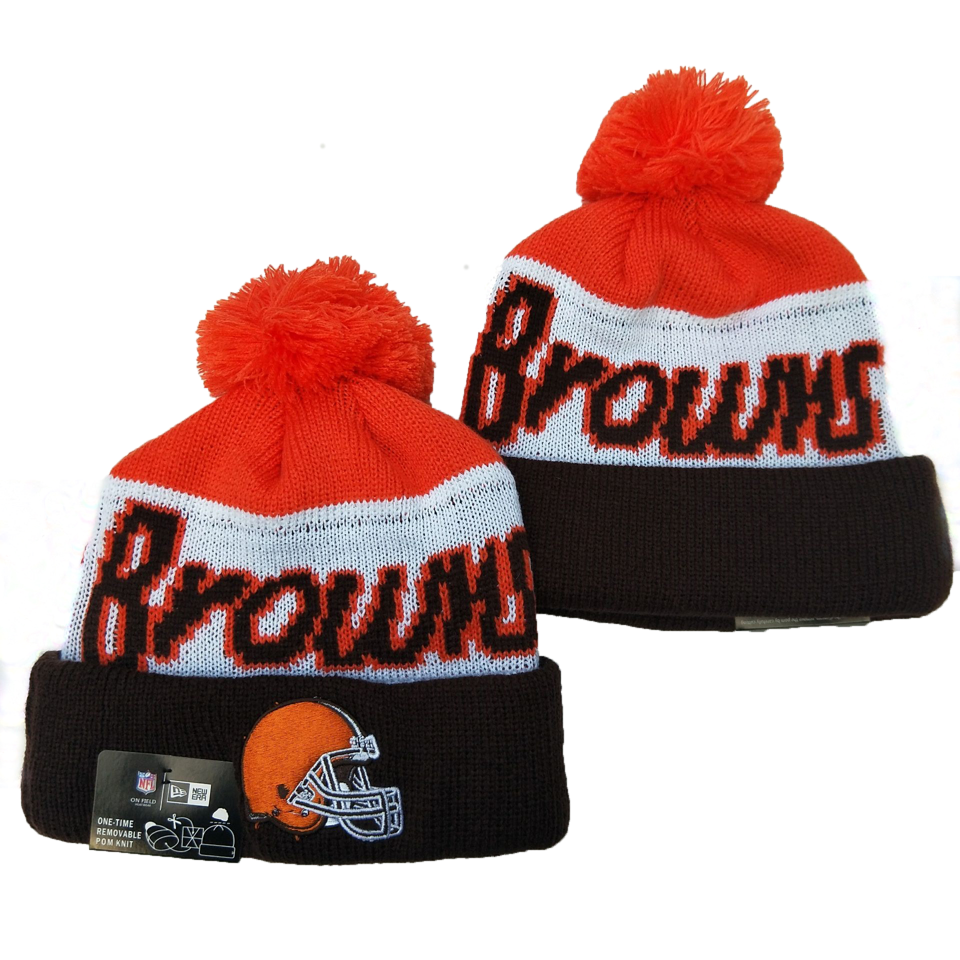 Browns Team Logo Red White Black Pom Knit Hat YD - Click Image to Close