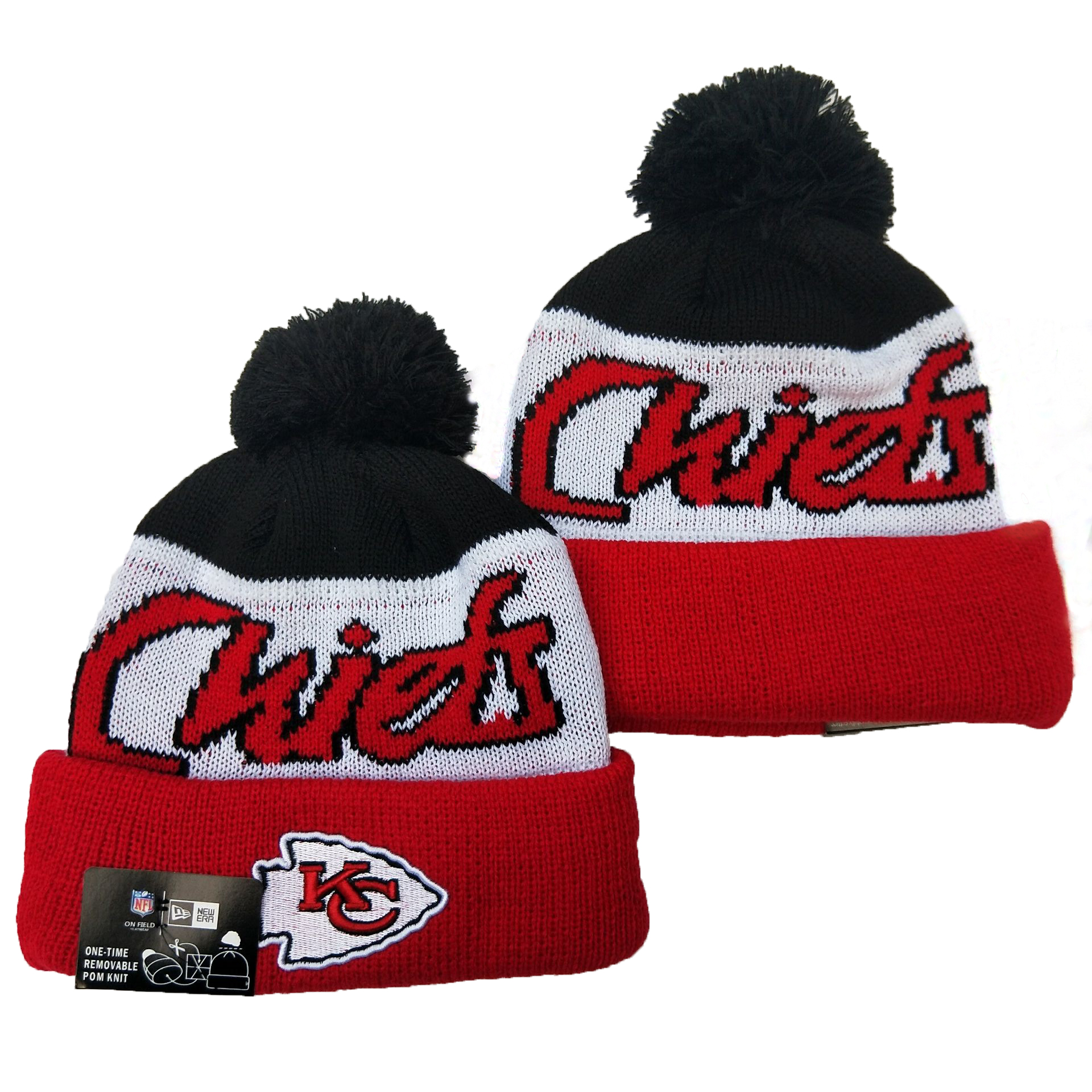 Chiefs Team Logo Black White Red Pom Knit Hat YD