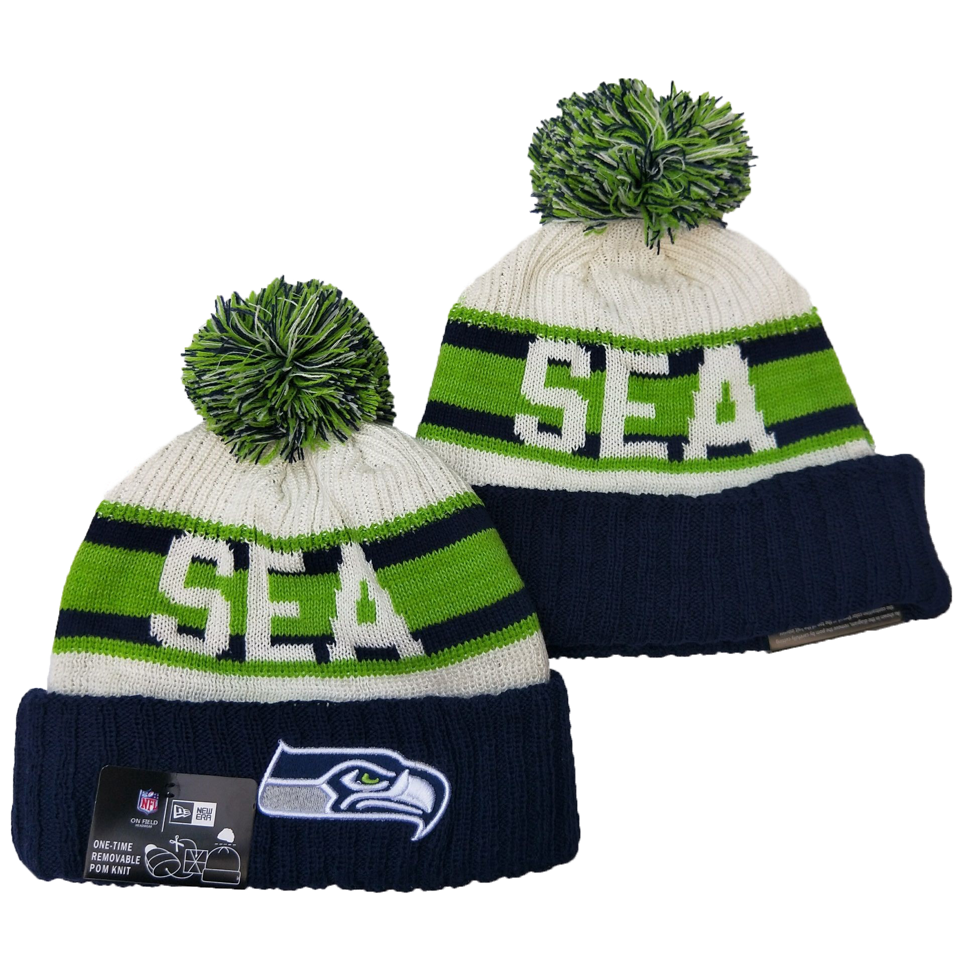 Seahawks Team Logo Green White Navy Pom Knit Hat YD