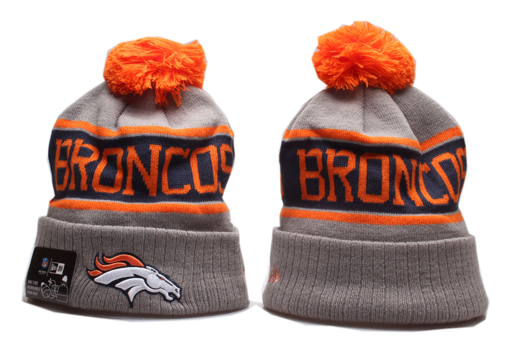 Broncos Team Logo Gray Orange Wordmark Cuffed Pom Knit Hat YP