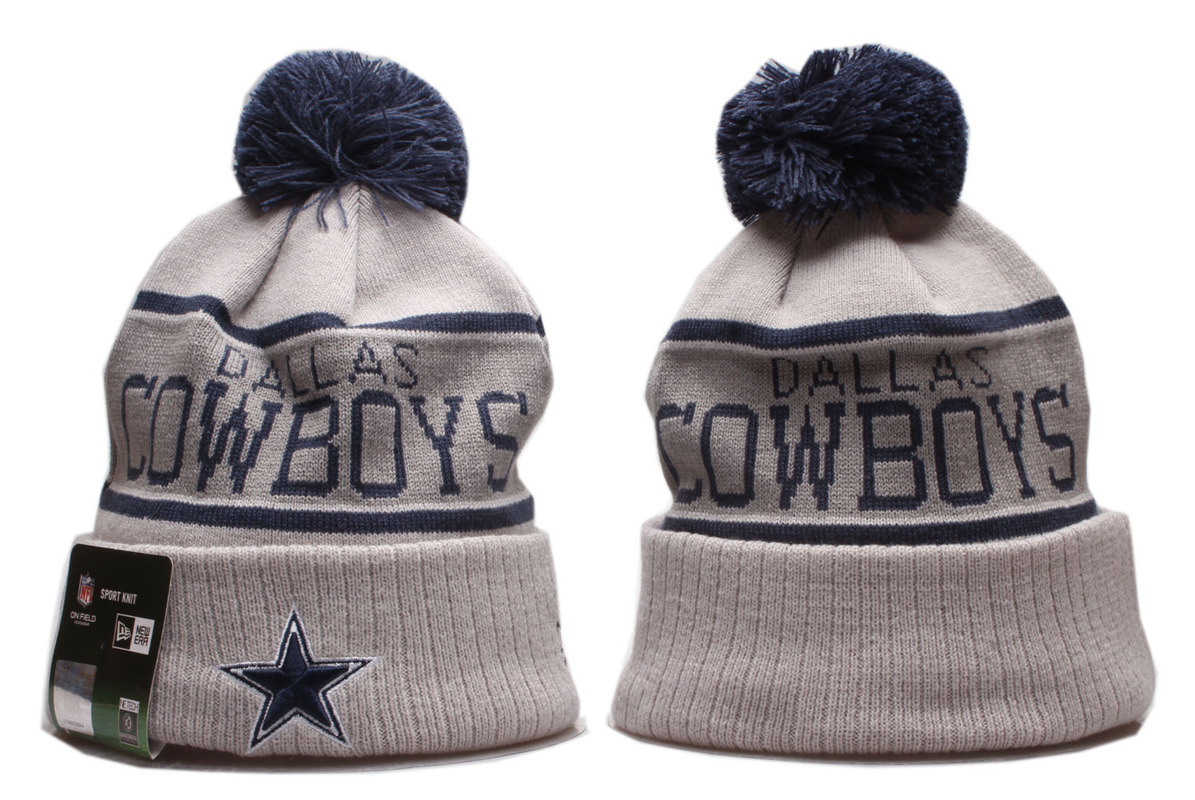 Cowboys Team Logo Gray Wordmark Cuffed Pom Knit Hat YP