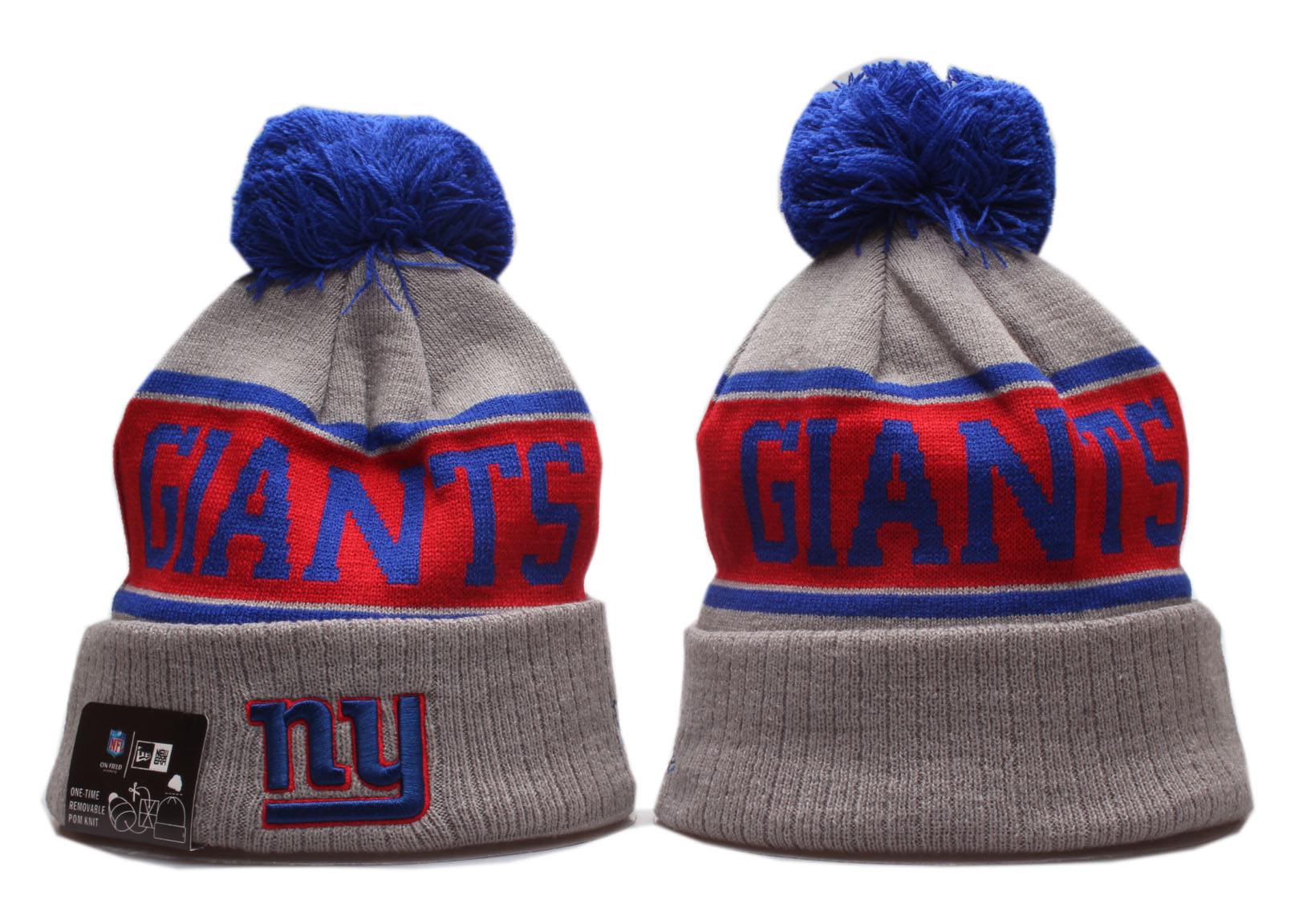 New York Giants Team Logo Gray Royal Wordmark Cuffed Pom Knit Hat YP - Click Image to Close