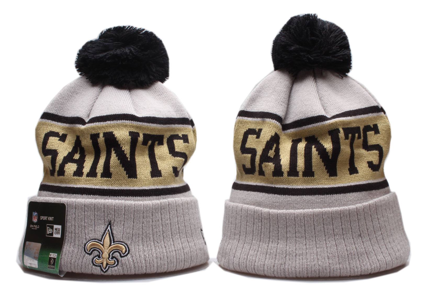 Saints Team Logo Gray Wordmark Cuffed Pom Knit Hat YP