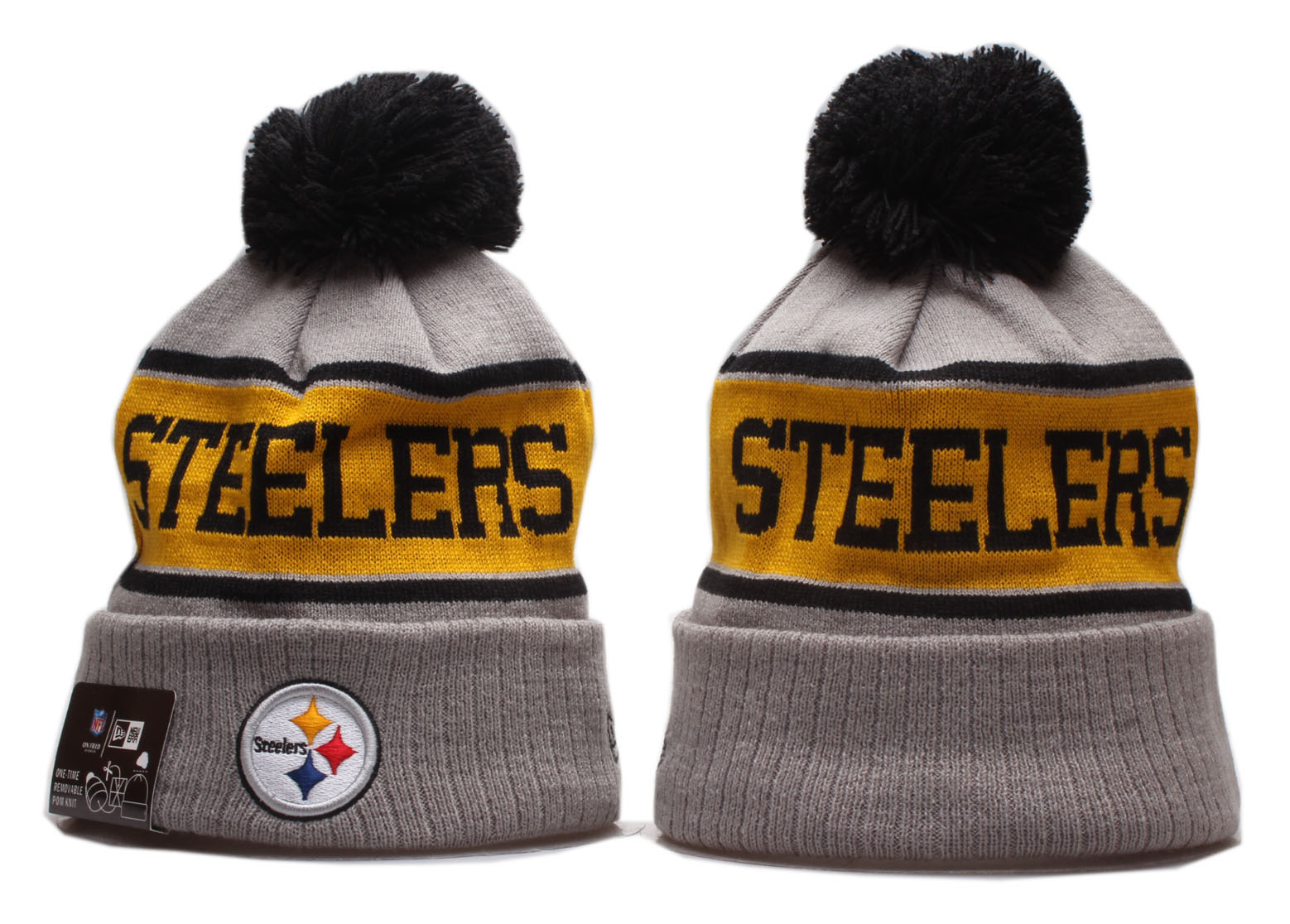 Steelers Team Logo Gray Yellow Wordmark Cuffed Pom Knit Hat YP