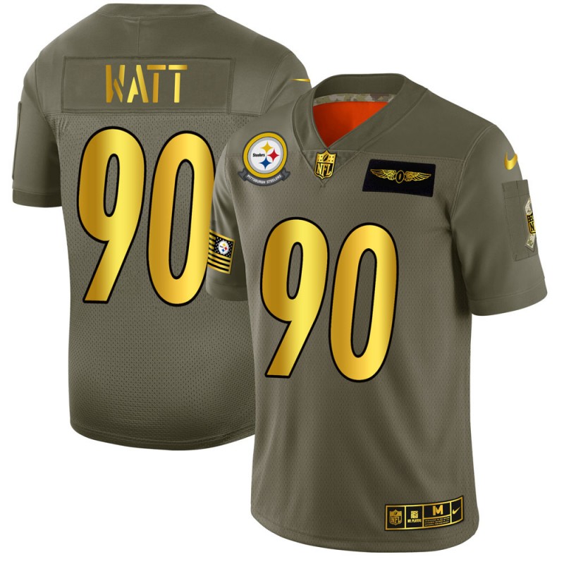 Nike Steelers 90 T.J. Watt 2019 Olive Gold Salute To Service Limited Jersey - Click Image to Close