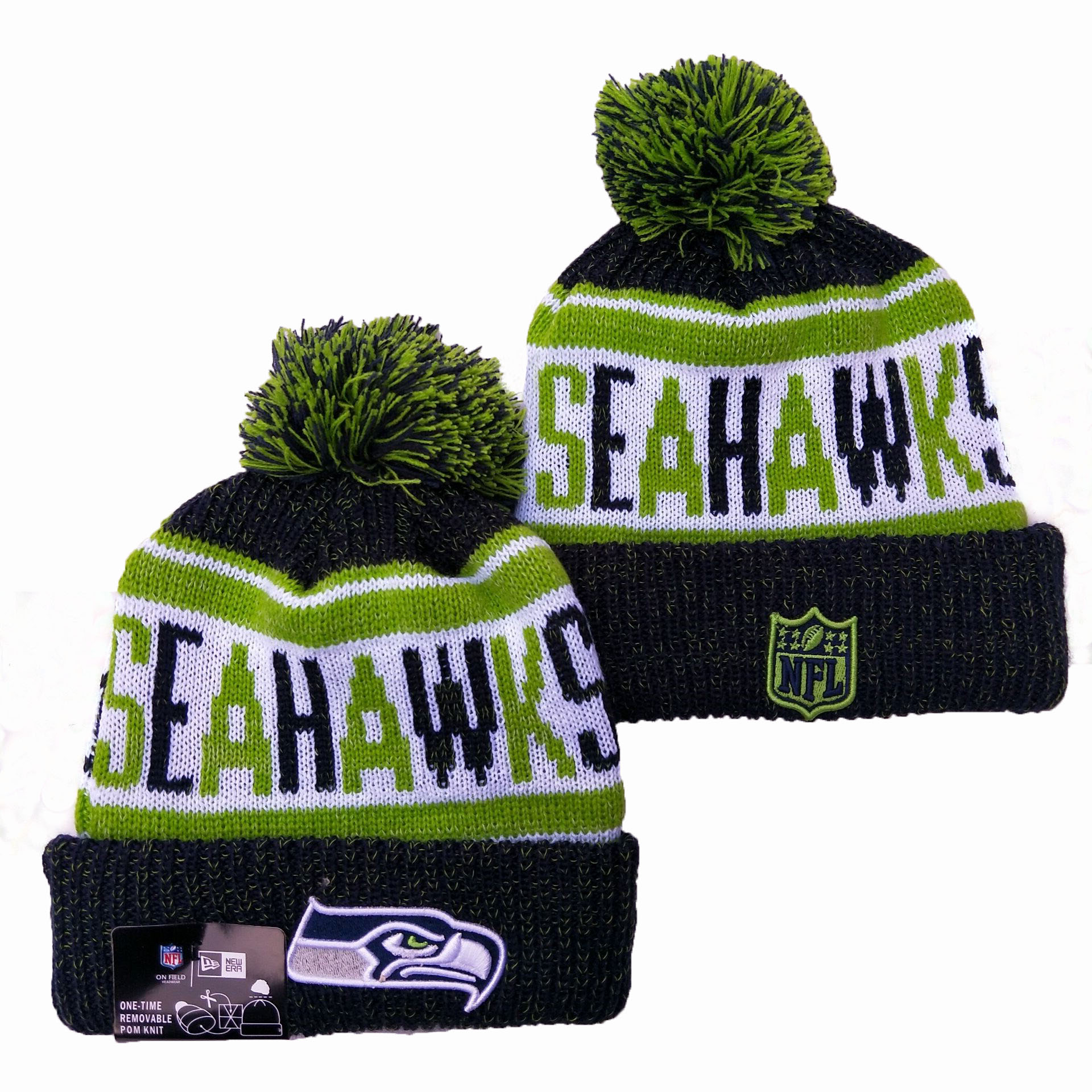 Seahawks Team Logo Black Green Pom Knit Hat YD
