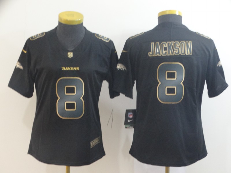 Nike Ravens 8 Lamar Jackson Black Gold Women Vapor Untouchable Limited Jersey - Click Image to Close