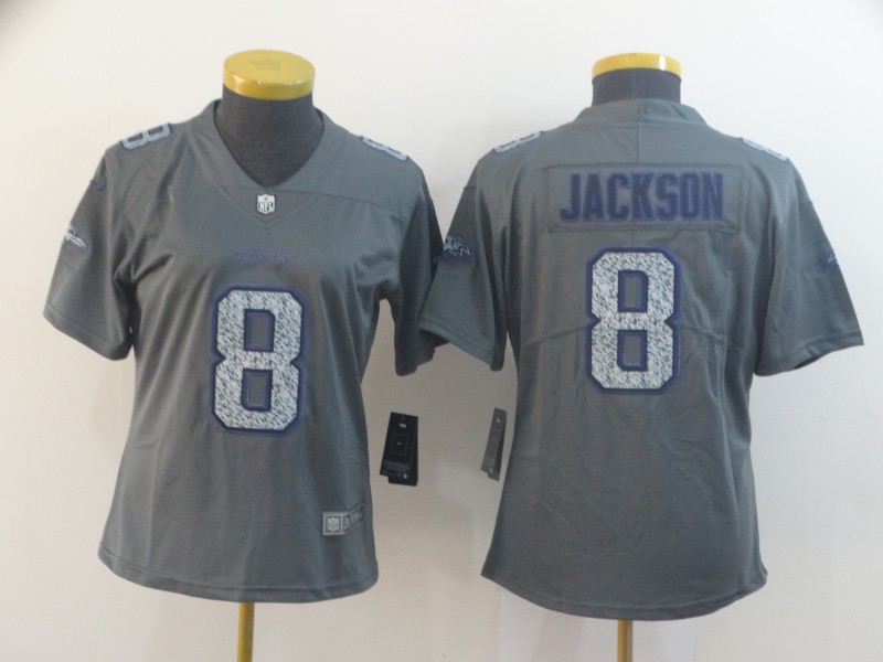 Nike Ravens 8 Lamar Jackson Gray Camo Women Vapor Untouchable Limited Jersey - Click Image to Close