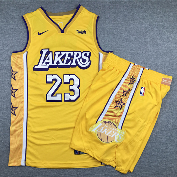 Lakers 23 Lebron James Yellow Nike Authentic Jersey(With Shorts)