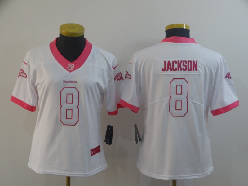 Nike Ravens 8 LaMar Jackson White Pink Women Vapor Untouchable Limited Jersey