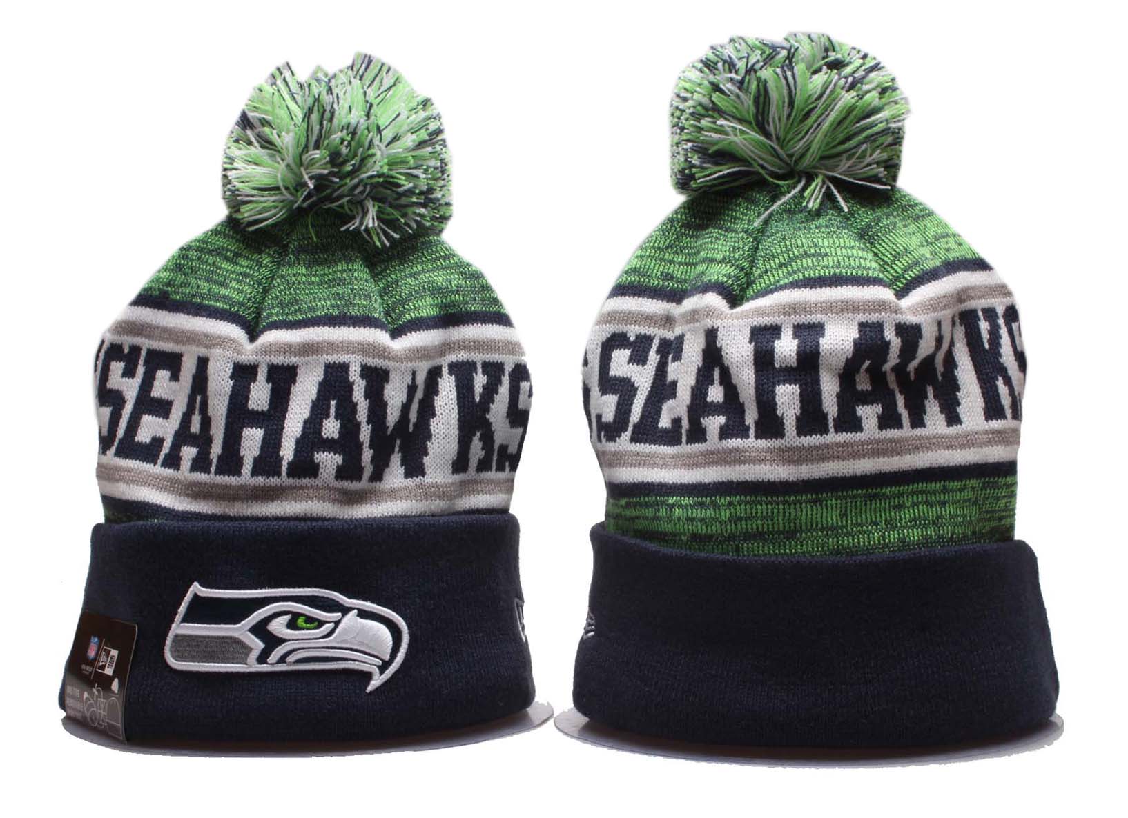 Seahawks Team Logo Navy Green Wordmark Cuffed Pom Knit Hat YP