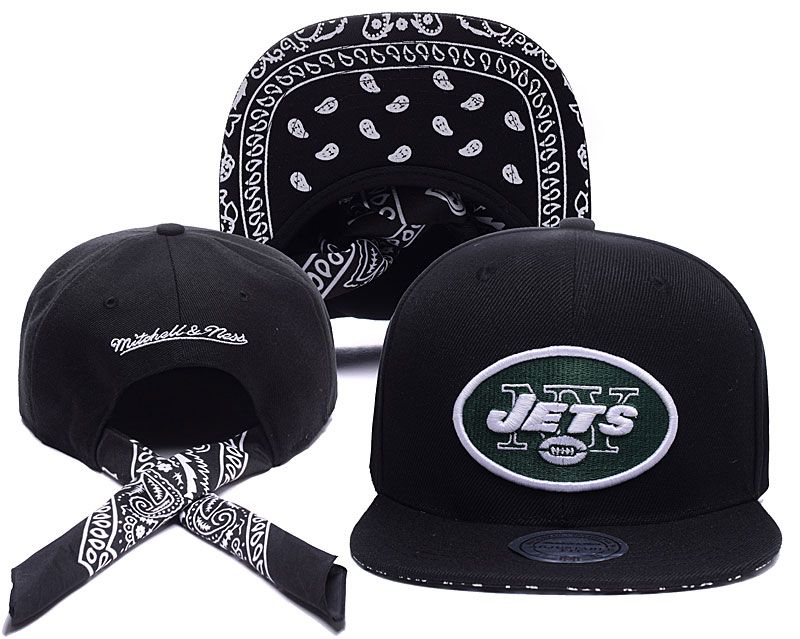 Jets Team Logo Black Mitchell & Ness Adjustable Hat TX