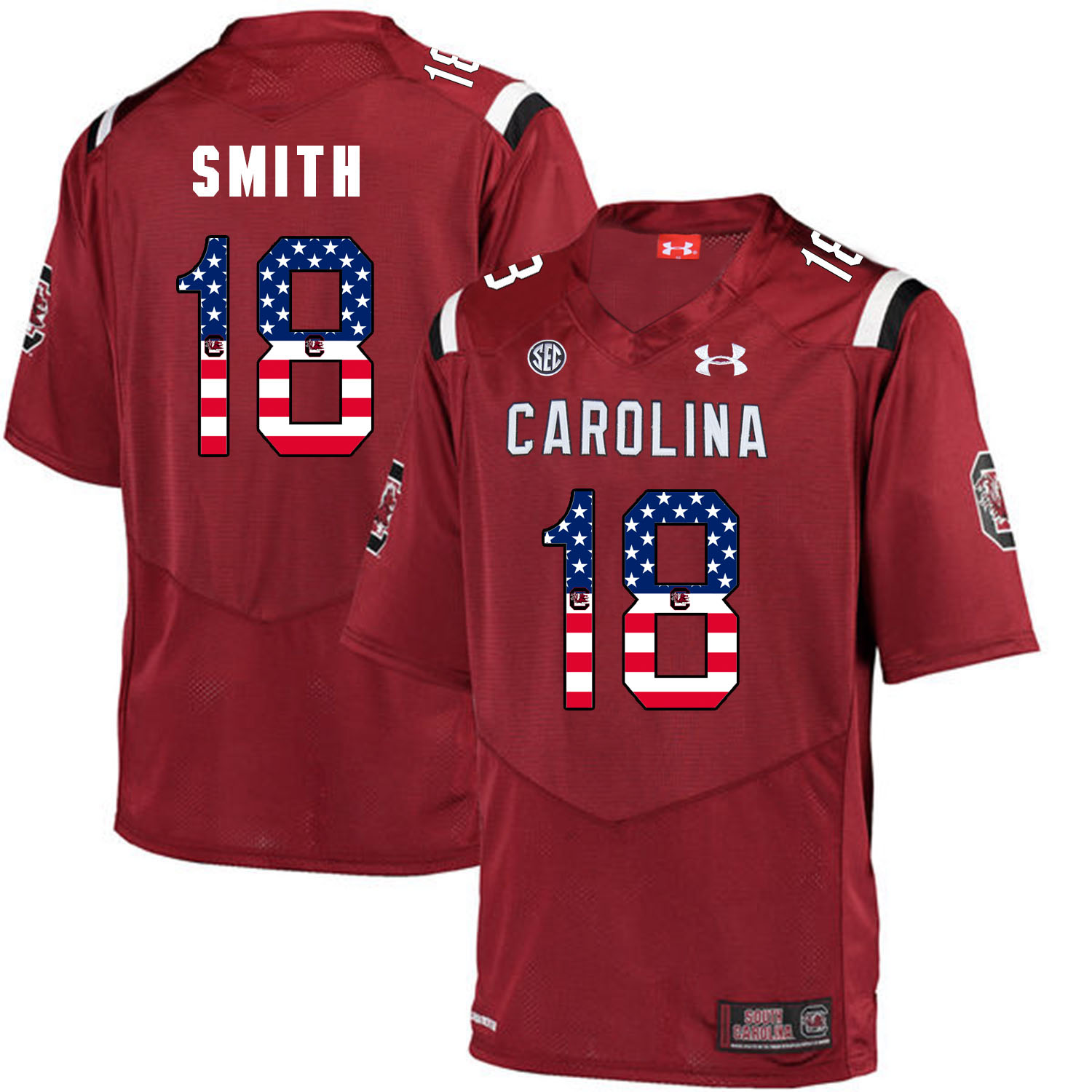 South Carolina Gamecocks 18 OrTre Smith Red USA Flag College Football Jersey - Click Image to Close