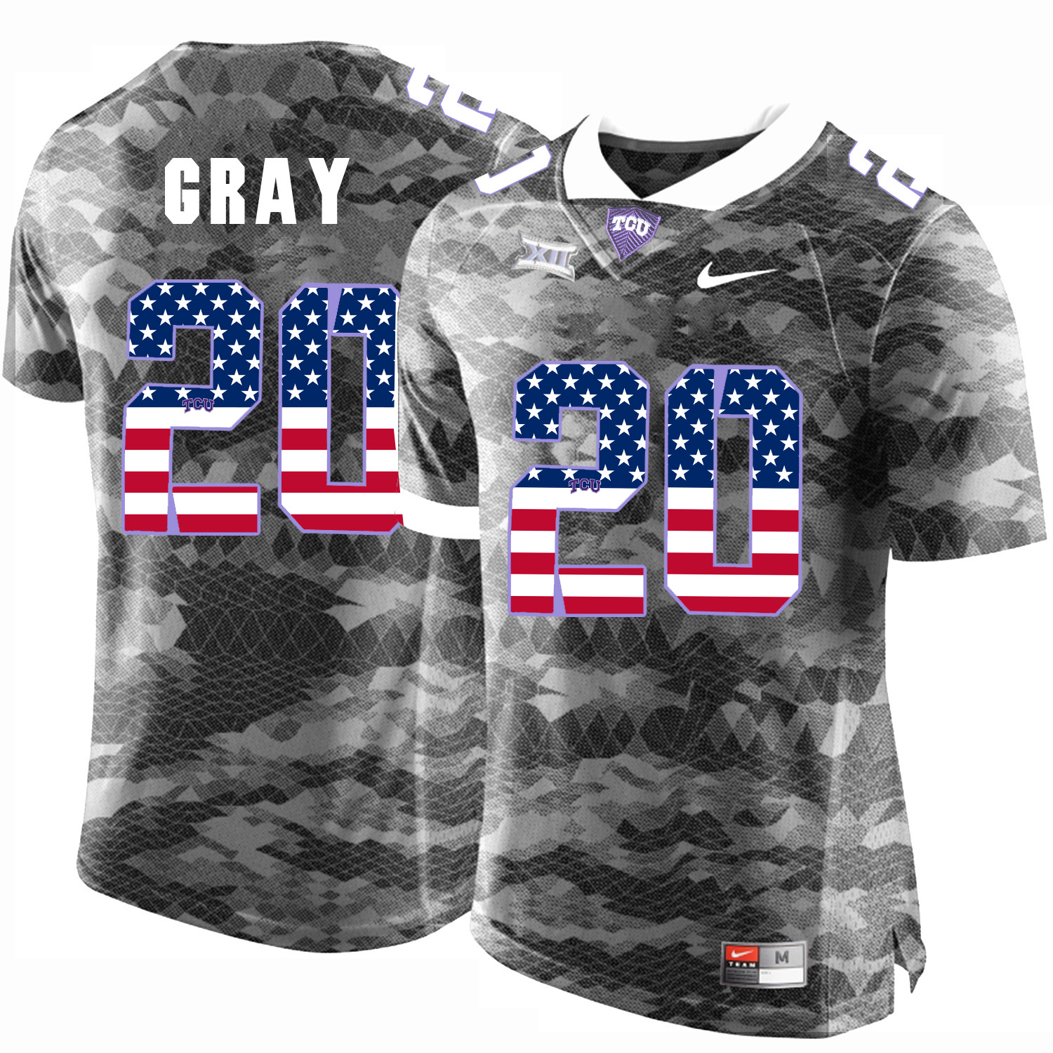 TCU Horned Frogs 20 Deante Gray Gray USA Flag College Football Jersey