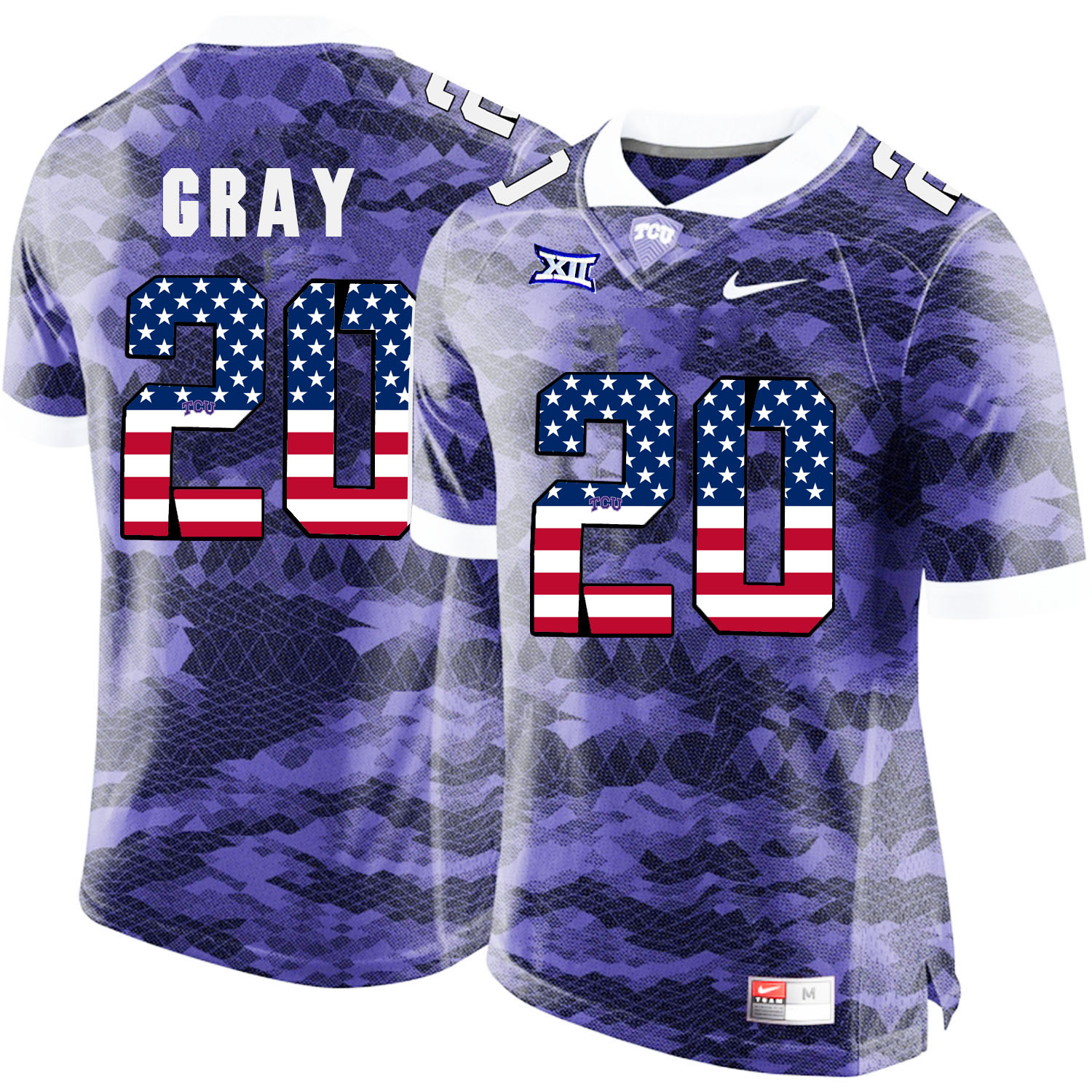 TCU Horned Frogs 20 Deante Gray Purple USA Flag College Football Jersey - Click Image to Close