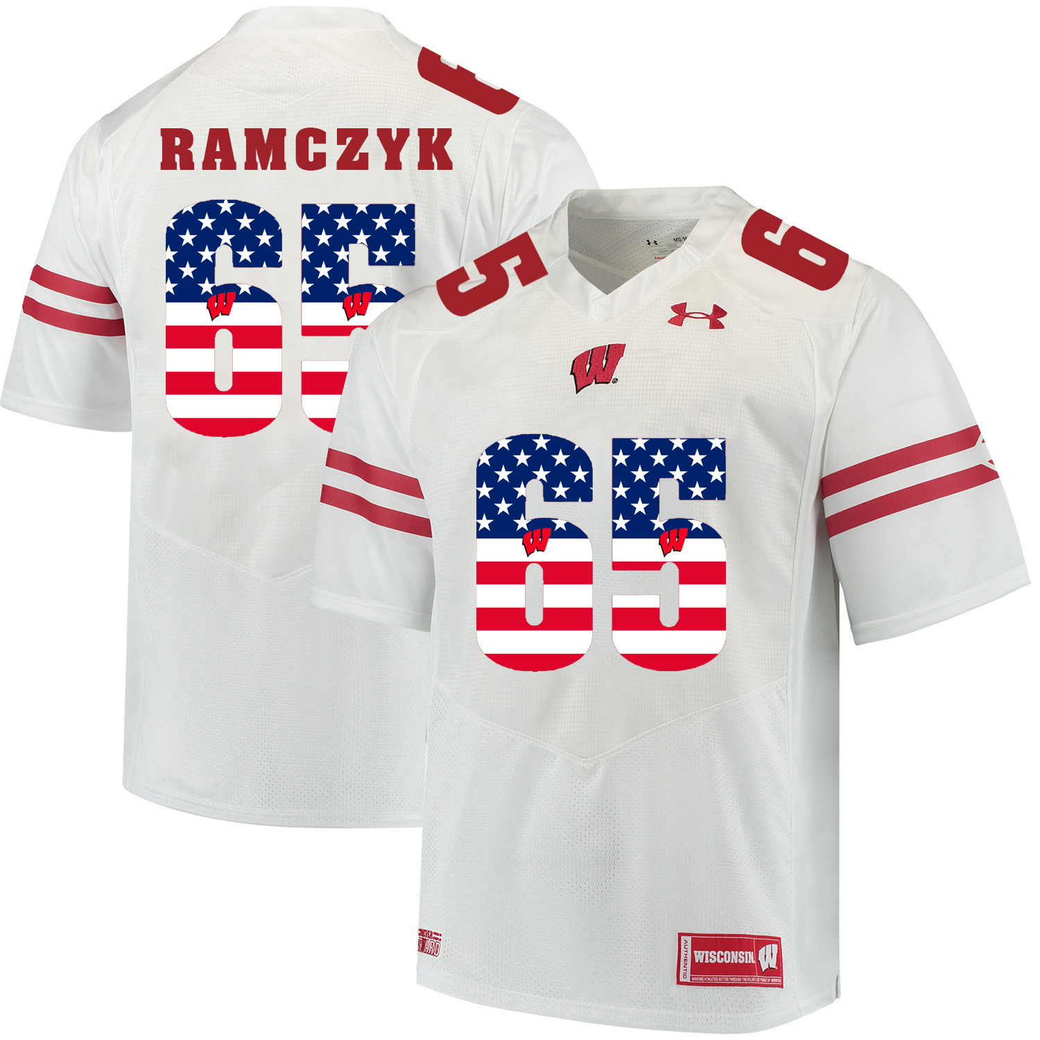 Wisconsin Badgers 65 Ryan Ramczyk White USA Flag College Football Jersey