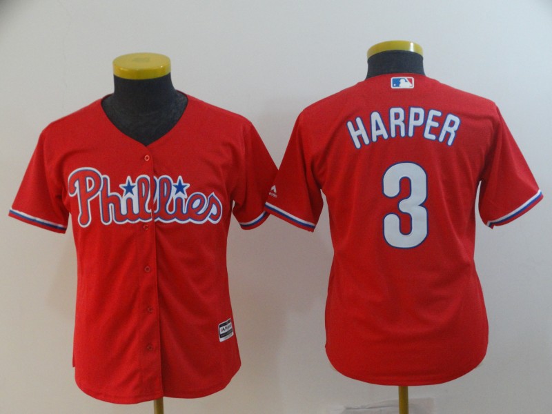 Phillies 3 Bryce Harper Scarlet Youth Cool Base Jersey - Click Image to Close
