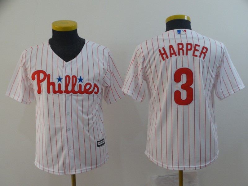 Phillies 3 Bryce Harper White Youth Cool Base Jersey - Click Image to Close