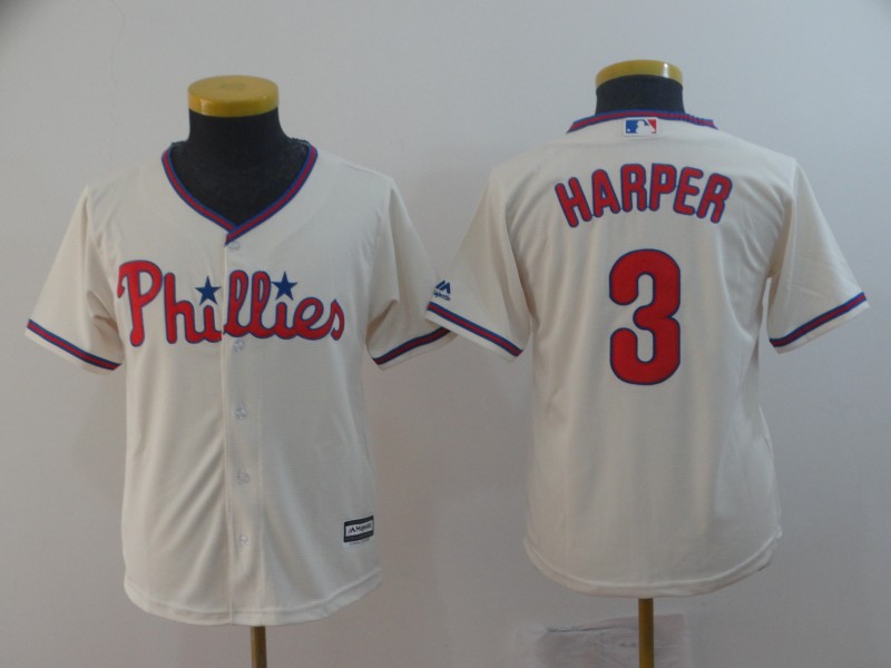 Phillies 3 Bryce Harper Cream Youth Cool Base Jersey - Click Image to Close