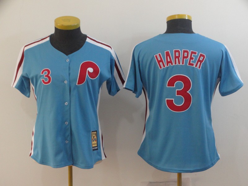 Phillies 3 Bryce Harper Women Light Blue Cool Base Cooperstown Jersey - Click Image to Close