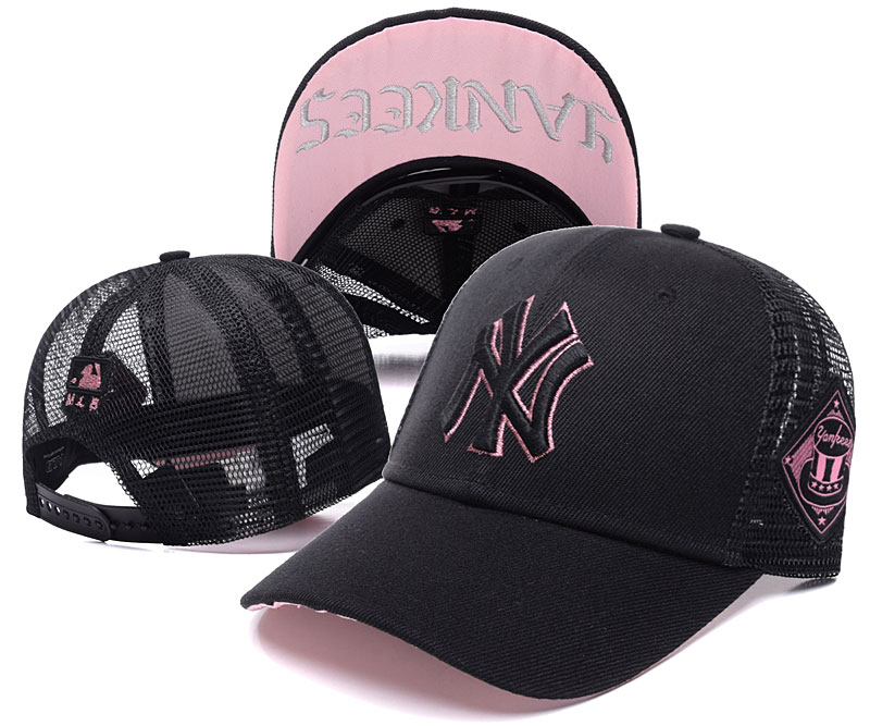 Yankees Fresh Logo Black Pink Hollow Carved Peaked Adjustable Hat TX - Click Image to Close
