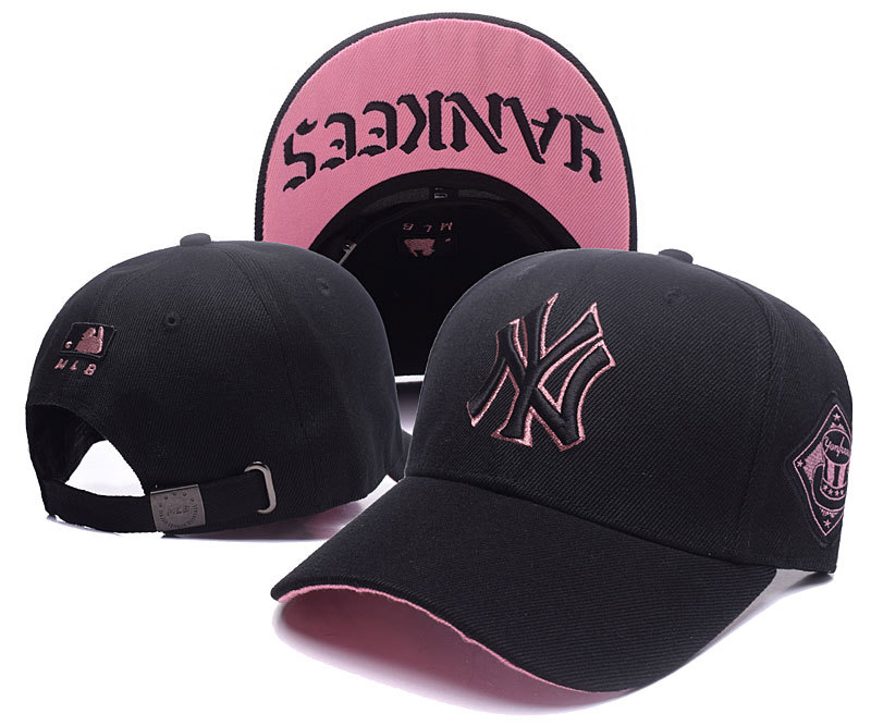 Yankees Fresh Logo Black Pink Peaked Adjustable Hat TX