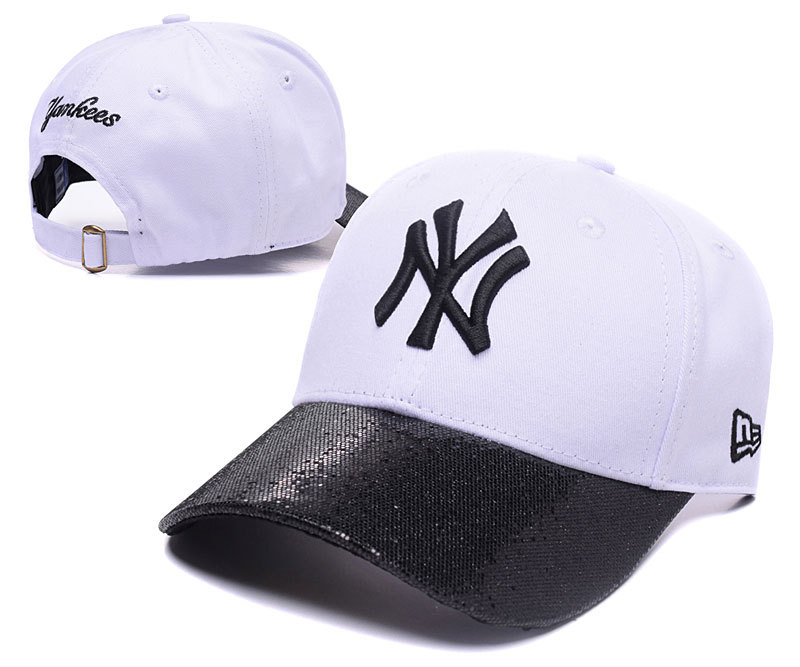 Yankees Fresh Logo Sequin Black White Peaked Adjustable Hat TX