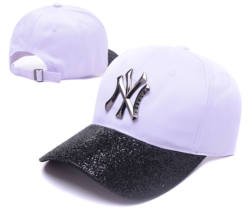 Yankees Fresh Logo Sequin White Peaked Adjustable Hat TX