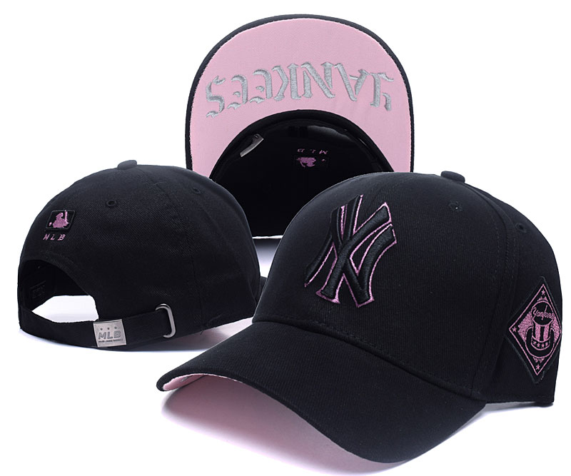 Yankees Team Logo Black With Pink Peaked Adjustable Hat TX