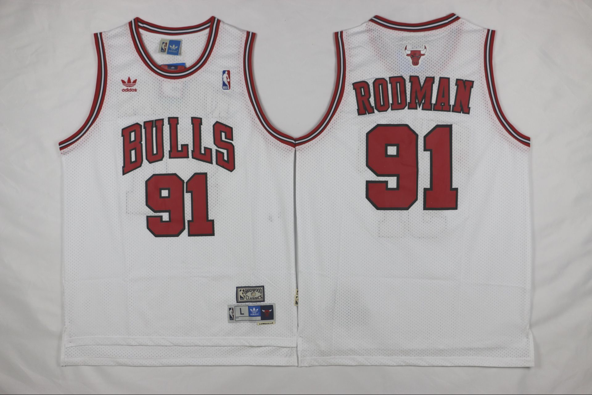Bulls 91 Dennis Rodman White Mesh Hardwood Classics Jersey