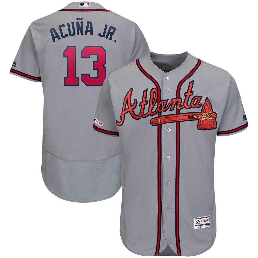 Braves Ronald Acuna Jr Gray 150th Patch Flexbase Jersey - Click Image to Close