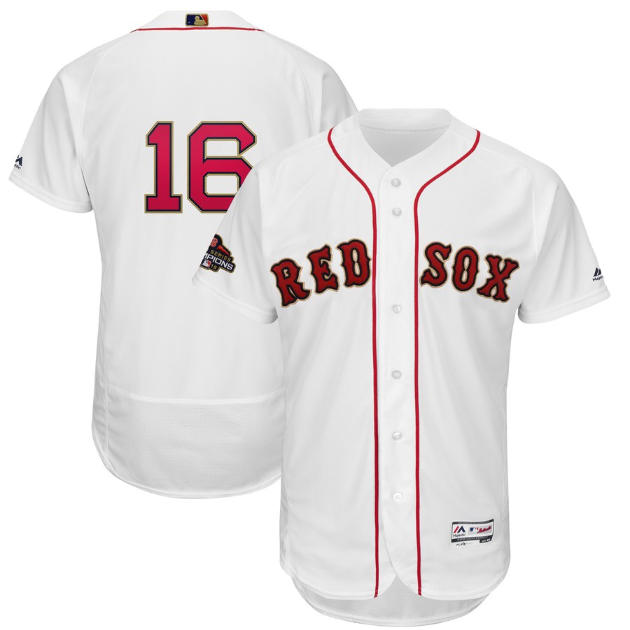Red Sox 16 Andrew Benintendi White 2019 Gold Program FlexBase Jersey - Click Image to Close
