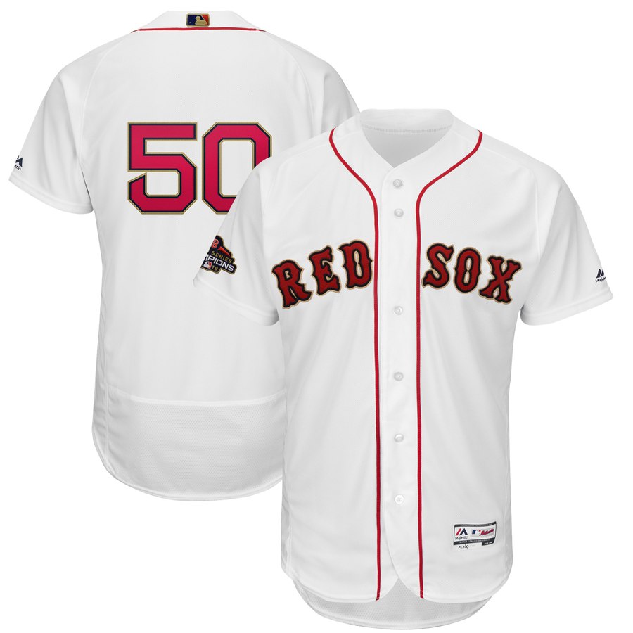 Red Sox 50 Mookie Betts White 2019 Gold Program FlexBase Jersey - Click Image to Close