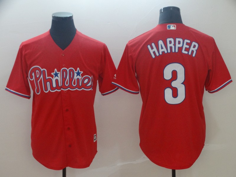 Phillies 3 Bryce Harper Scarlet Cool Base Jersey - Click Image to Close