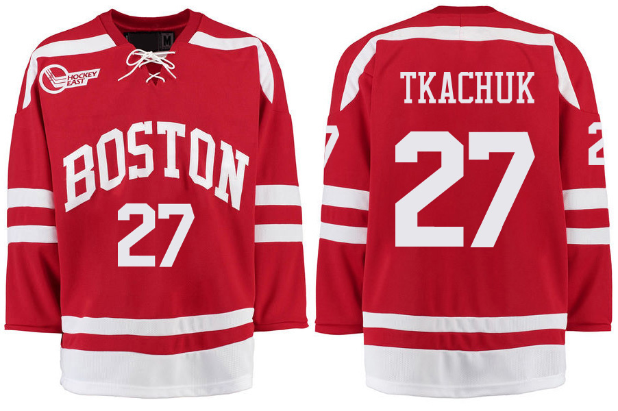 Boston University Terriers BU 27 Brady Tkachuk Red Stitched Hockey Jersey