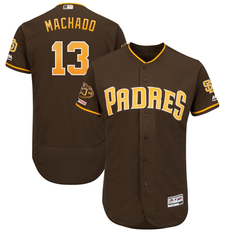 Padres 13 Manny Machado Brown 50th Anniversary and 150th Patch FlexBase Jersey - Click Image to Close