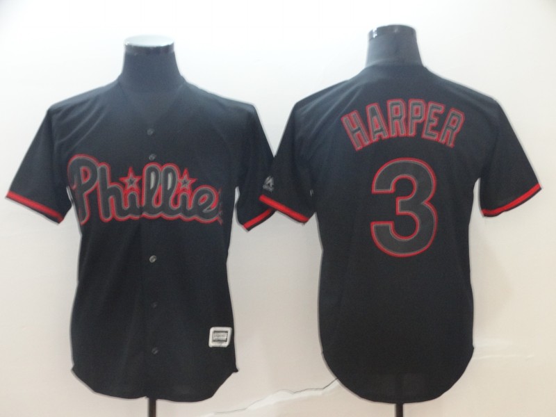 Phillies 3 Bryce Harper Black Shadow Legend Cool Base Jersey - Click Image to Close