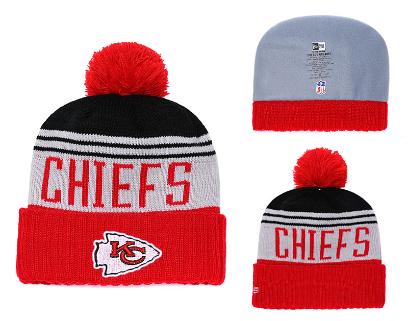 Chiefs Team Logo Red Black Pom Knit Hat YD - Click Image to Close