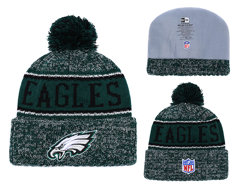 Eagles Fresh Logo Green Gray Pom Knit Hat YD - Click Image to Close