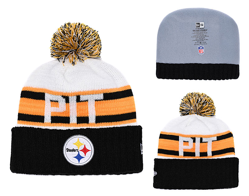 Steelers Fresh Logo Black Retro Cuffed Pom Knit Hat YD - Click Image to Close