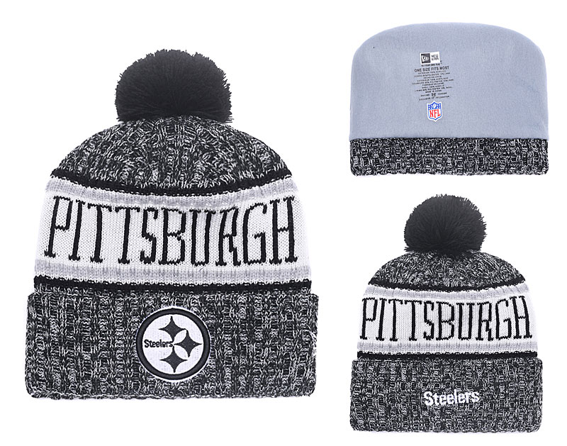 Steelers Fresh Logo Black White Cuffed Pom Knit Hat YD - Click Image to Close