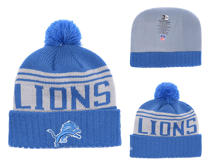 Lions Team Logo Blue Cuffed Pom Knit Hat YD - Click Image to Close