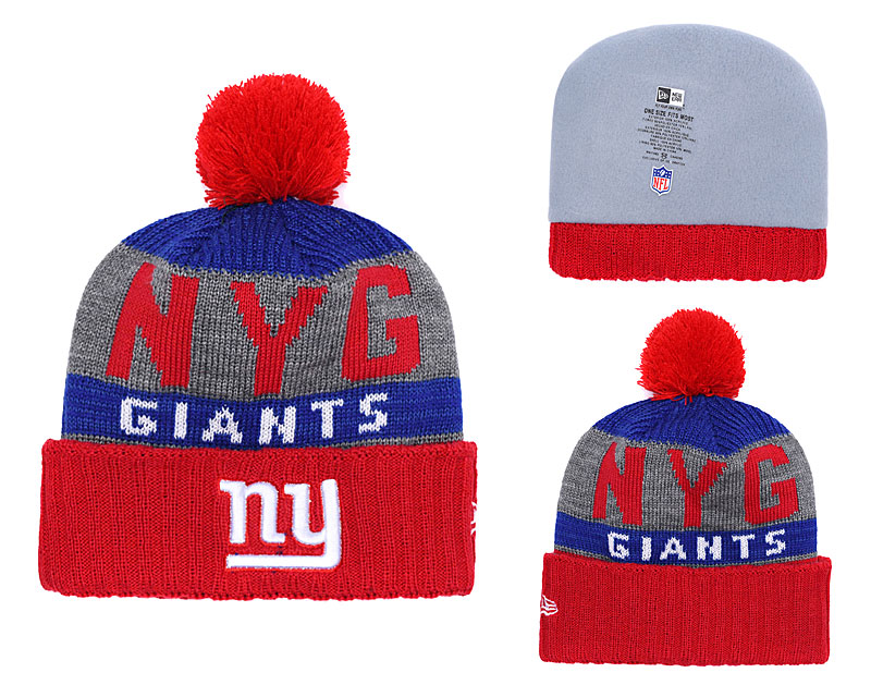 New York Giants Team Logo Red Royal Pom Knit Hat YD - Click Image to Close