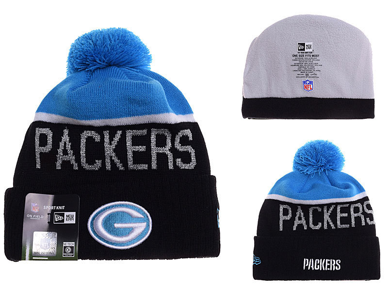 Packers Team Logo Black Blue Cuffed Pom Knit Hat YD - Click Image to Close
