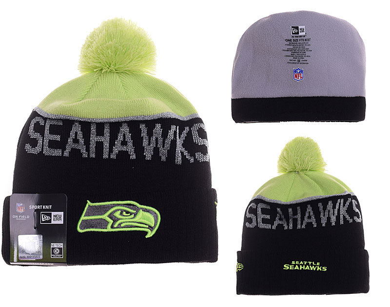 Seahawks Fresh Logo Black Green Pom Knit Hat YD