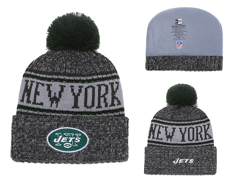 Jets Graphite 2018 NFL Sideline Pom Knit Hat YD - Click Image to Close