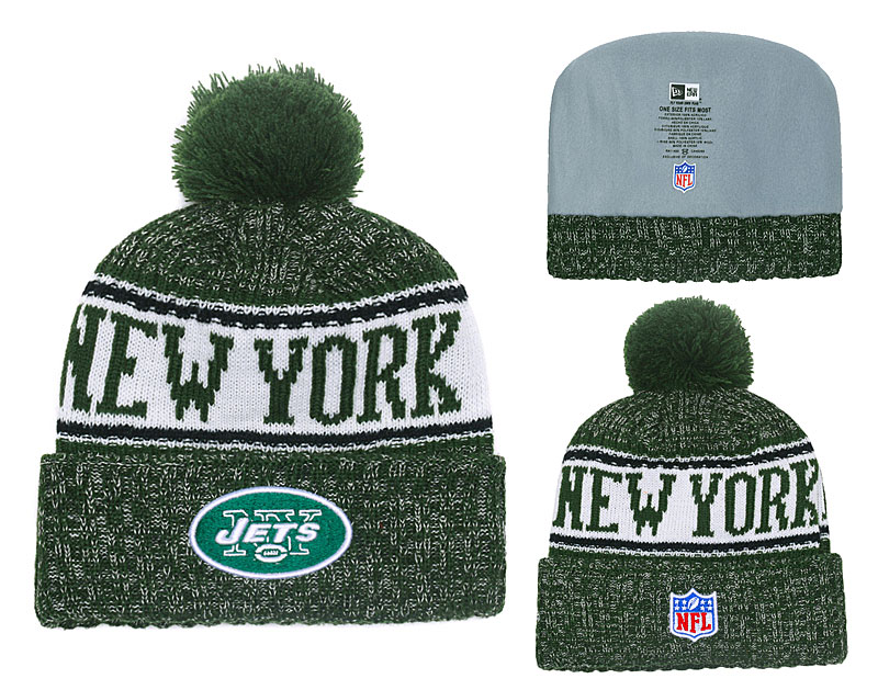 Jets Team Logo Green Cuffed Pom Knit Hat YD