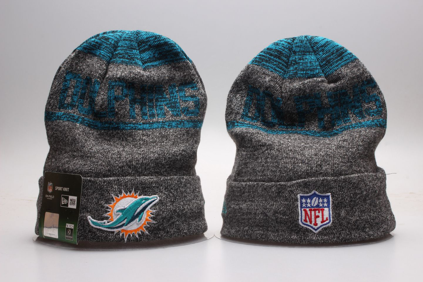 Dolphins Team Gray Blue Logo Wordmark Cuffed Pom Knit Hat YP